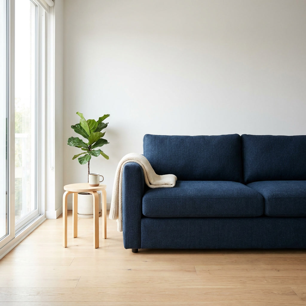 Navy blue sofa after professional cleaning in Hollywood, FL &mdash; spotless