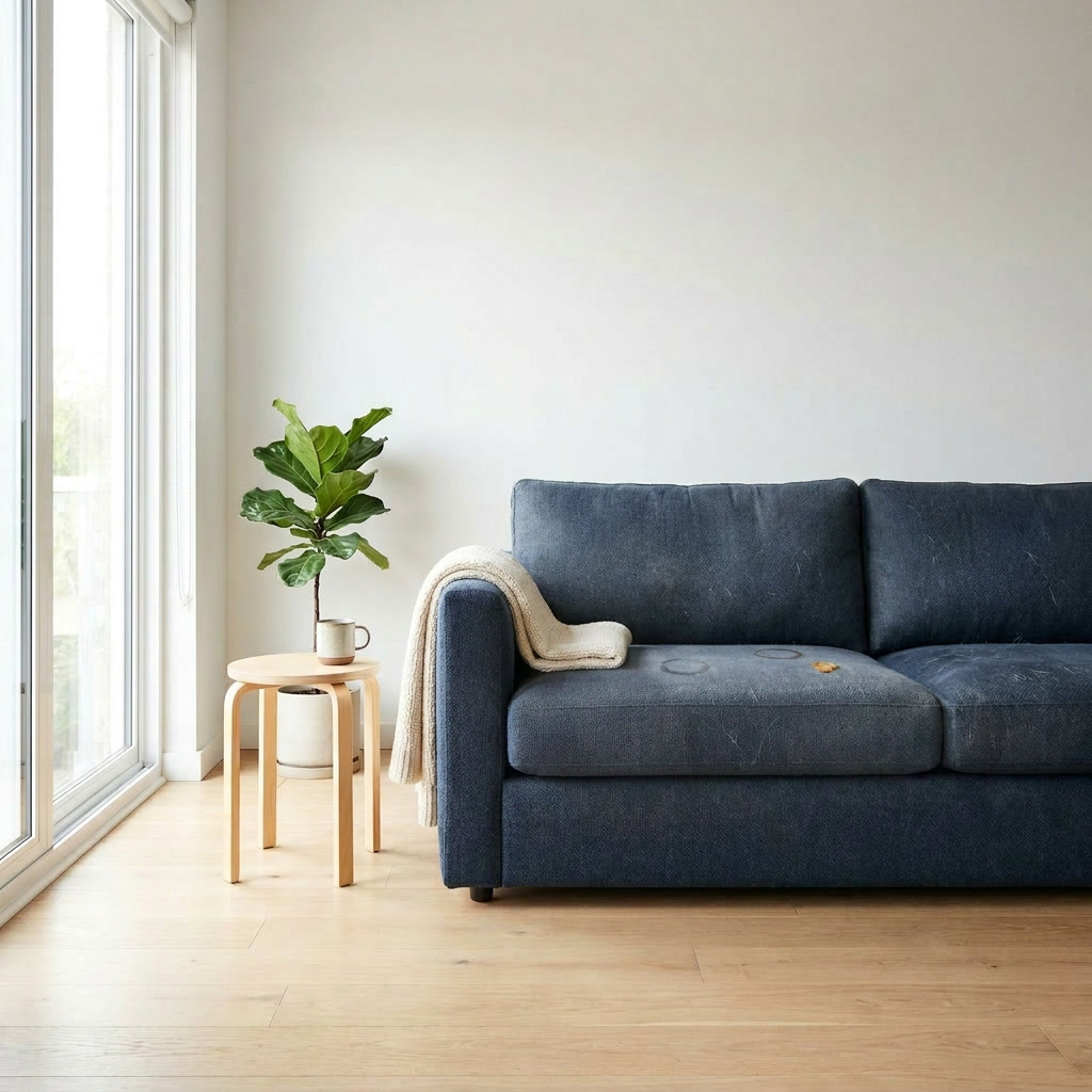 Navy blue sofa before professional cleaning &mdash; lightly soiled