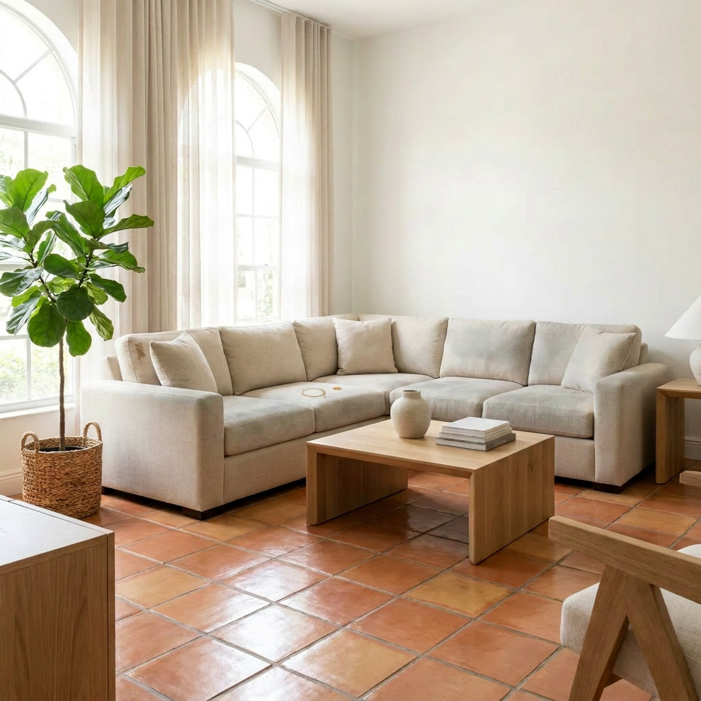 Beige sectional sofa before professional cleaning &mdash; lightly soiled