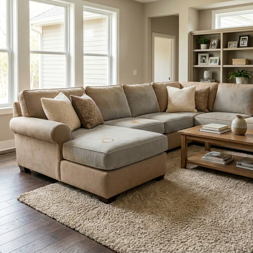 Tan microfiber sectional before professional cleaning &mdash; lightly soiled